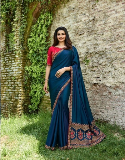 Bollywood Prachi Desai Blue and Pink silk designer party wear saree